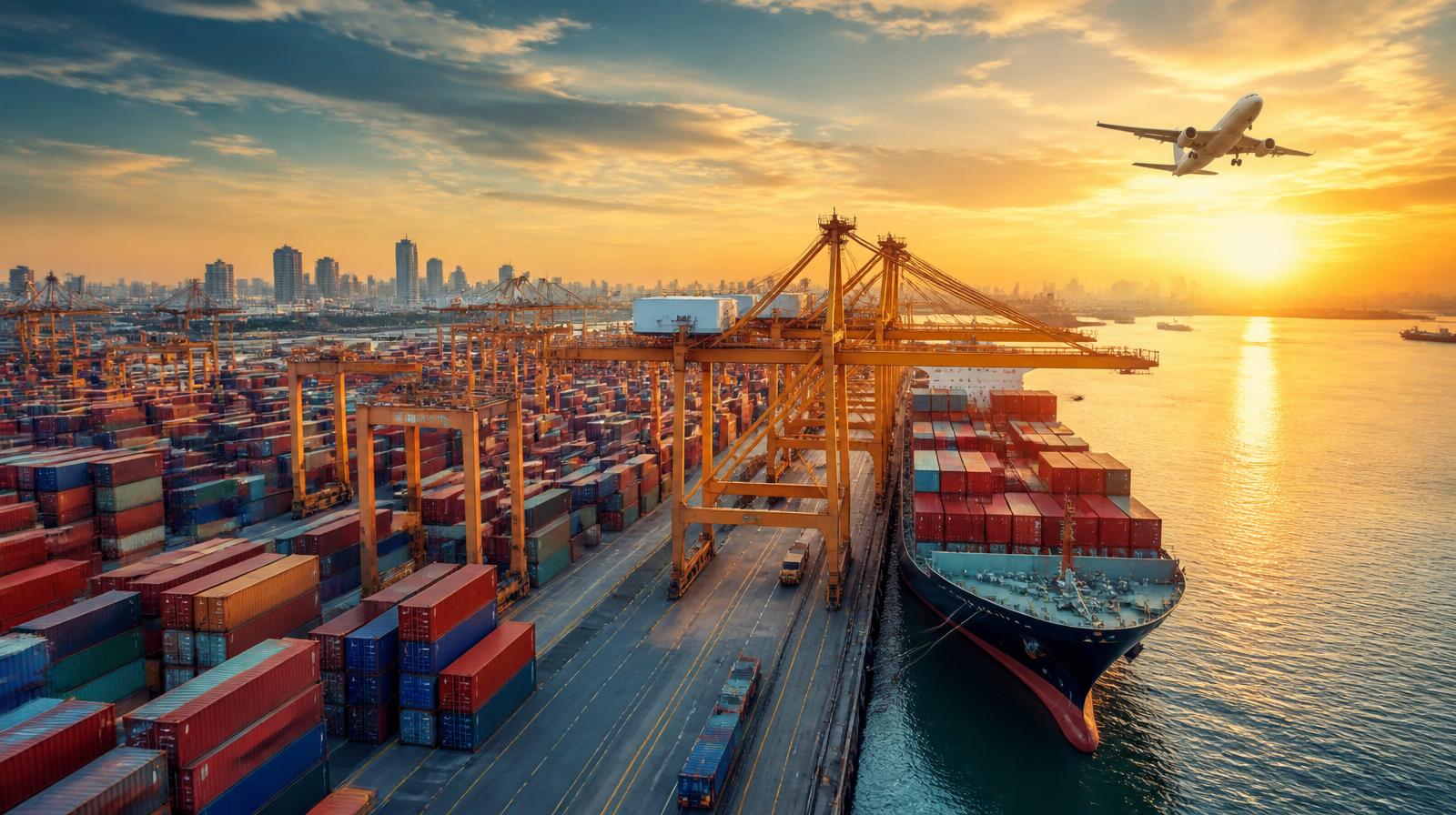 Panoramic container port at sunset — a fully loaded cargo ship berthed beside red gantry cranes with a passenger jet climbing overhead, illustrating multi-modal freight forwarding across ocean, road, and air.